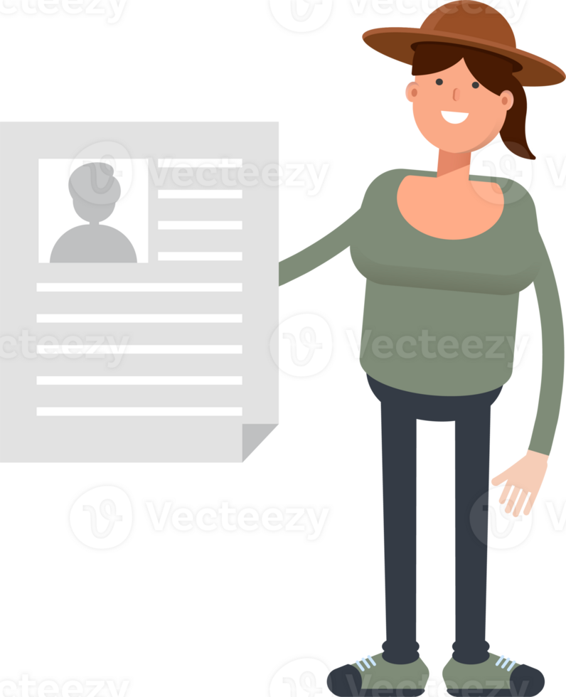 Woman in Hat Character Holding Job Application Document png