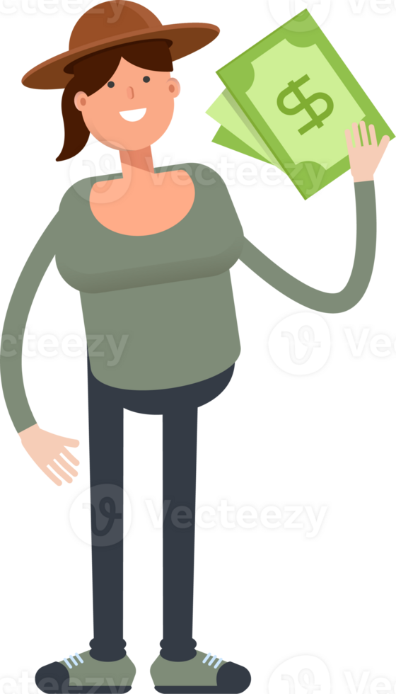 Woman in Hat Character Holding Dollar Banknotes png