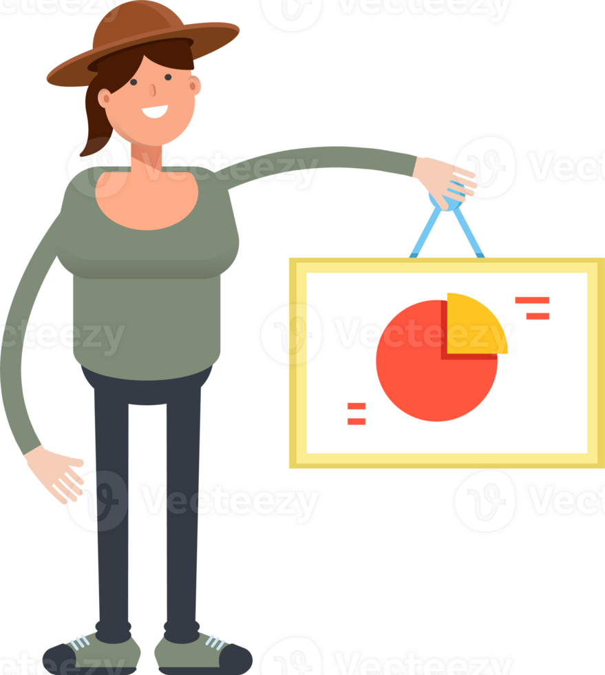 Woman in Hat Character Holding Pie Chart Signage png