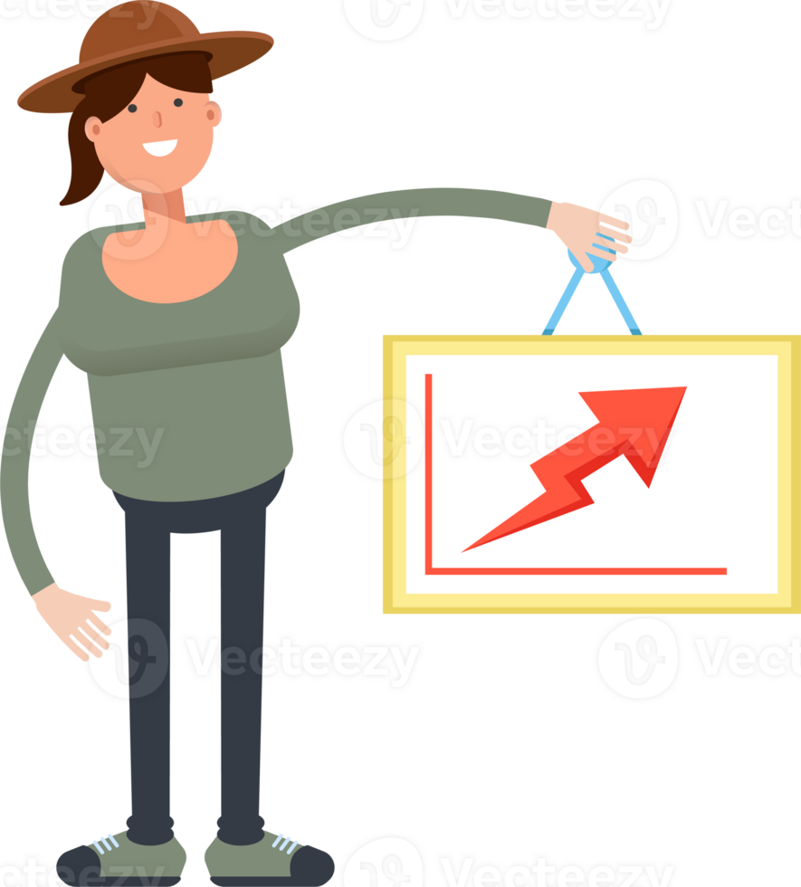 Woman in Hat Character Holding Arrow Chart png