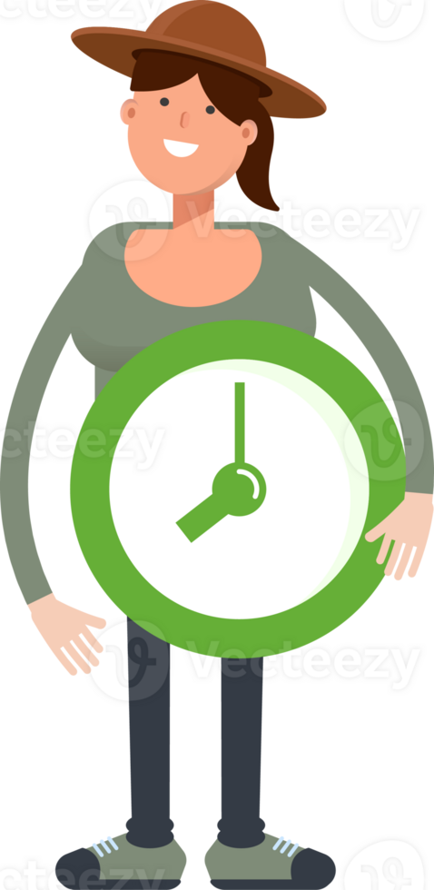 Woman in Hat Character Holding Clock png