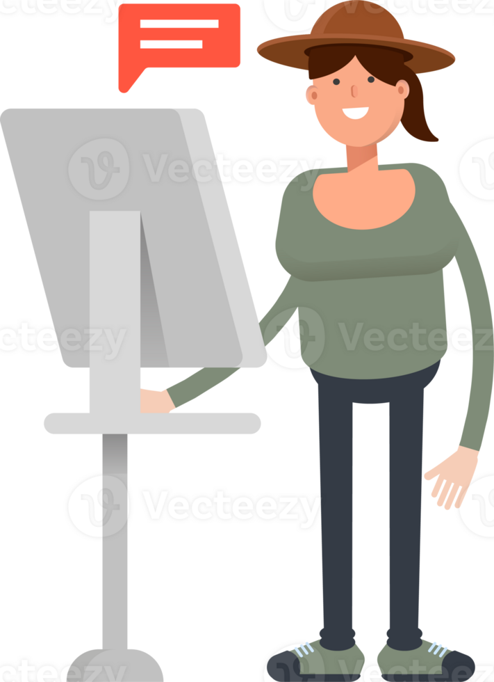 Woman in Hat Character Working on Computer png