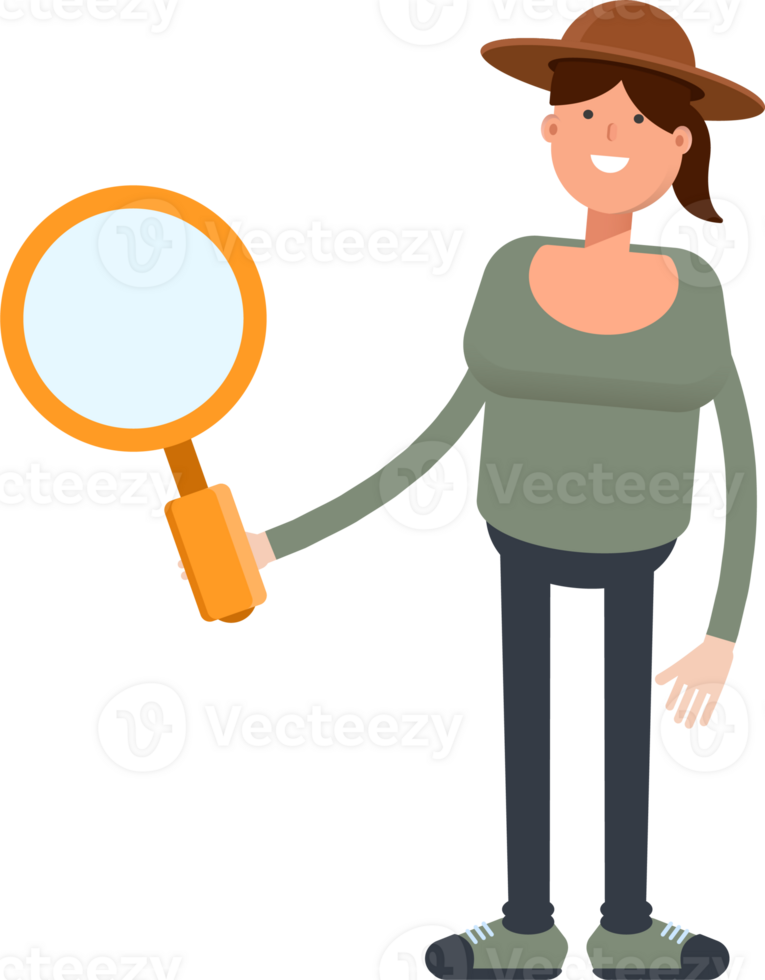 Woman in Hat Character Holding Magnifier png