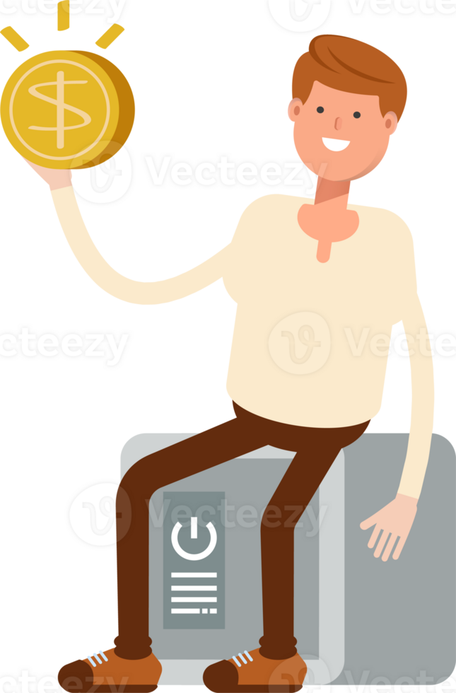 Man Character Sitting on Safe and Holding Dollar Coin png