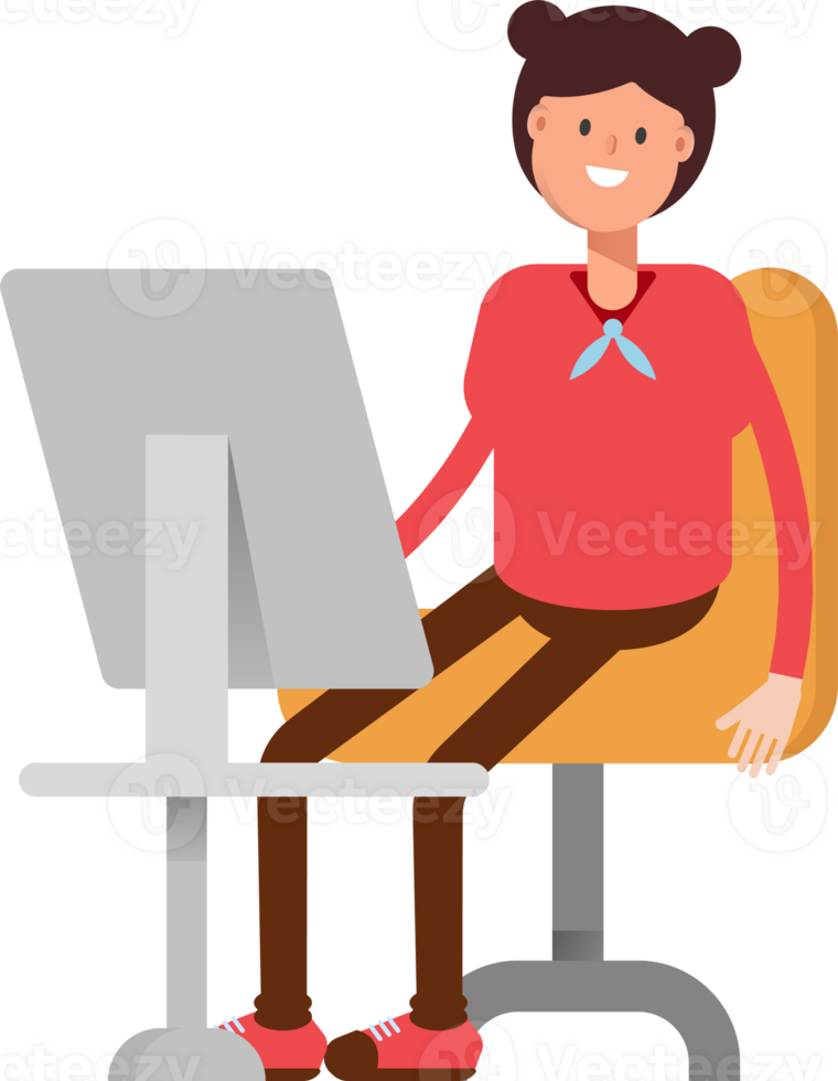 Cute Girl Character Working on Desktop png
