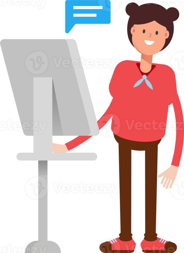 Cute Girl Character Working on Computer png