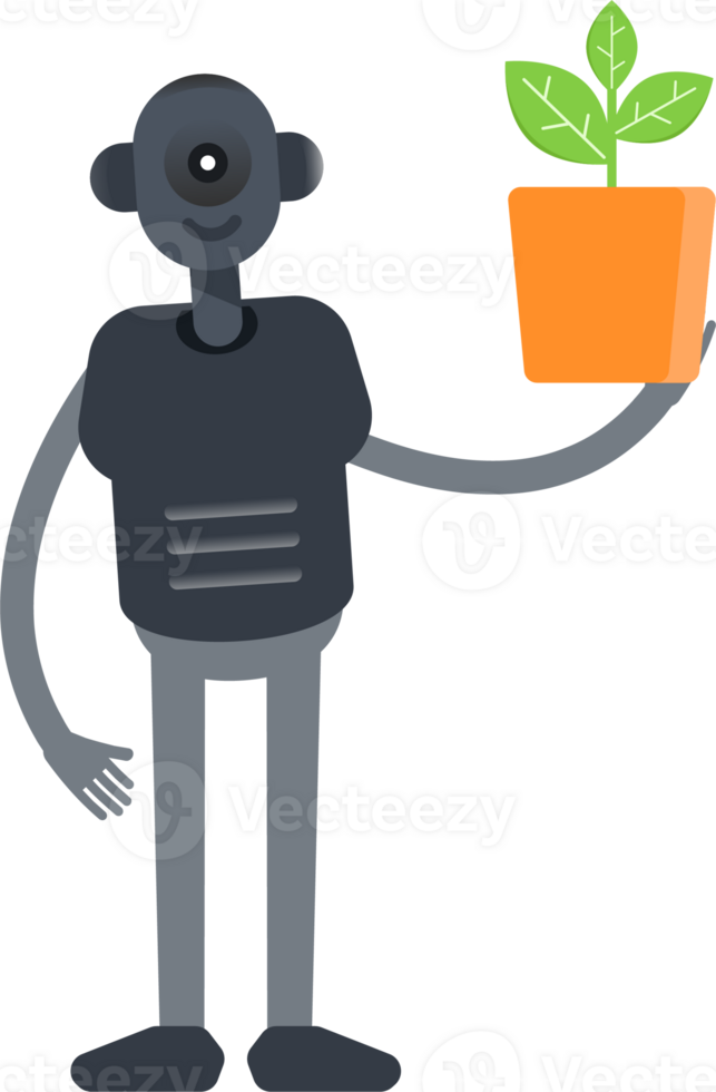 Robot Character Holding Plant Pot png