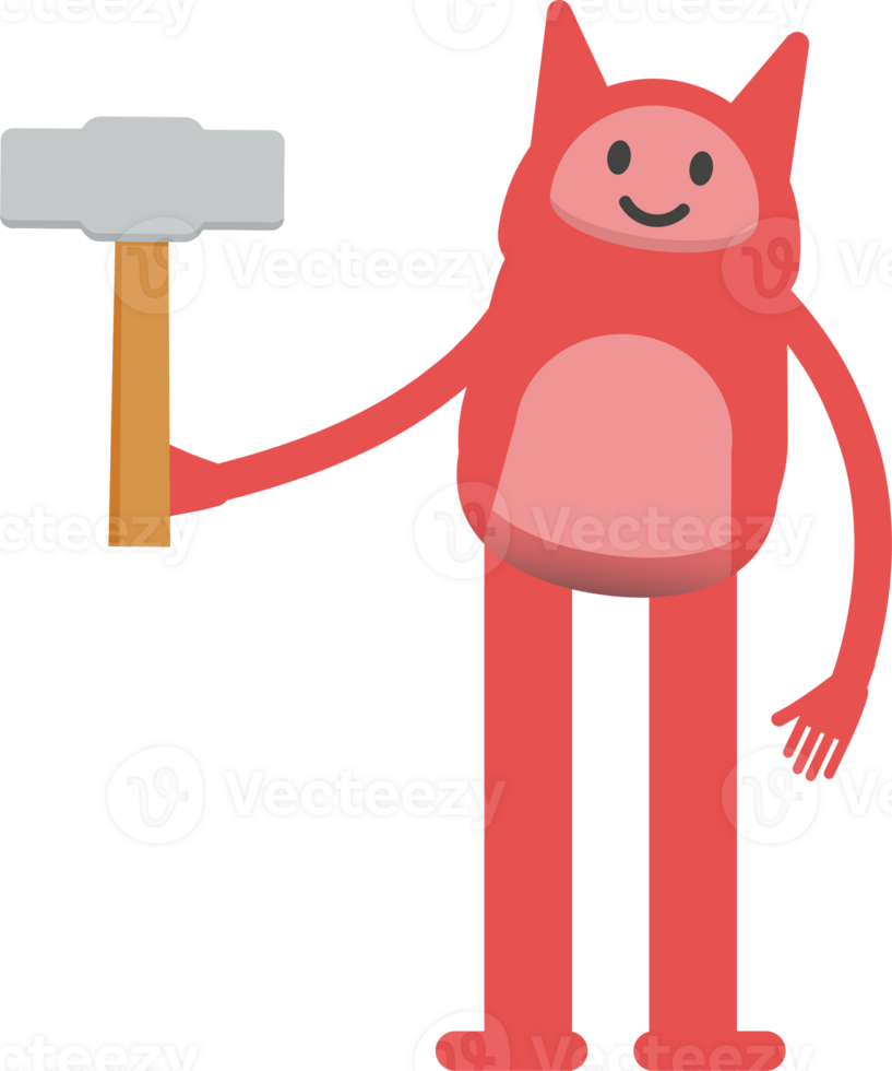 Cute Pink Monster Character Holding Hammer Tool png