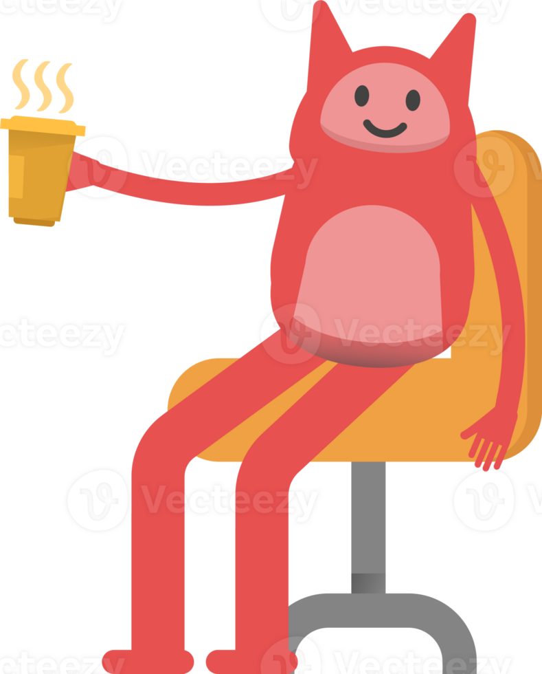 Cute Pink Monster Character Drinking Coffee png