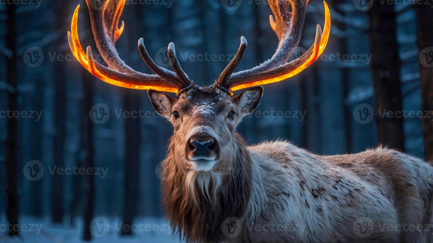 Reindeer in the middle of the tundra with flaming antlers. photo