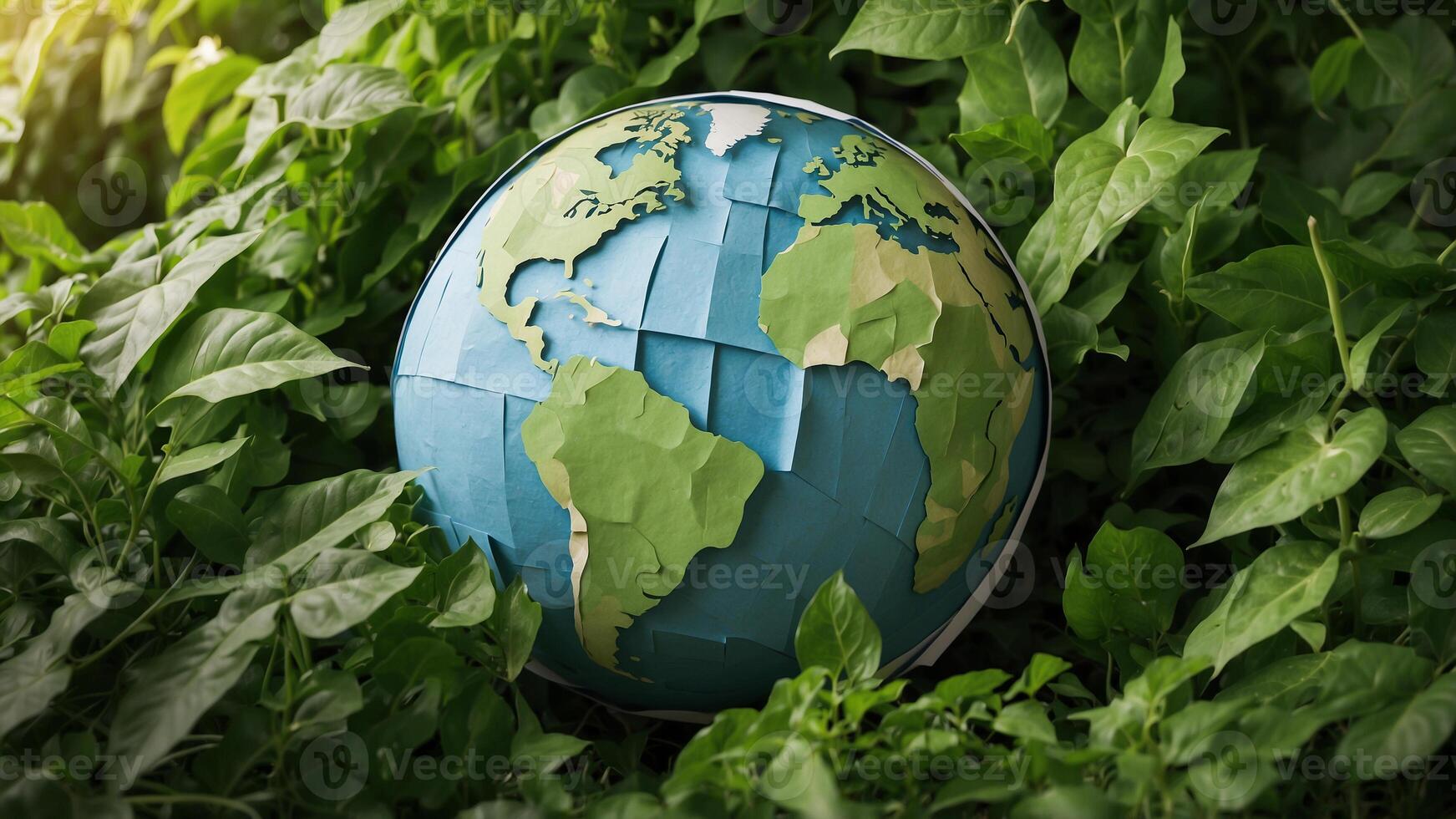 World globe around green foliage. A symbol of concern for the environment and nature conservation. photo