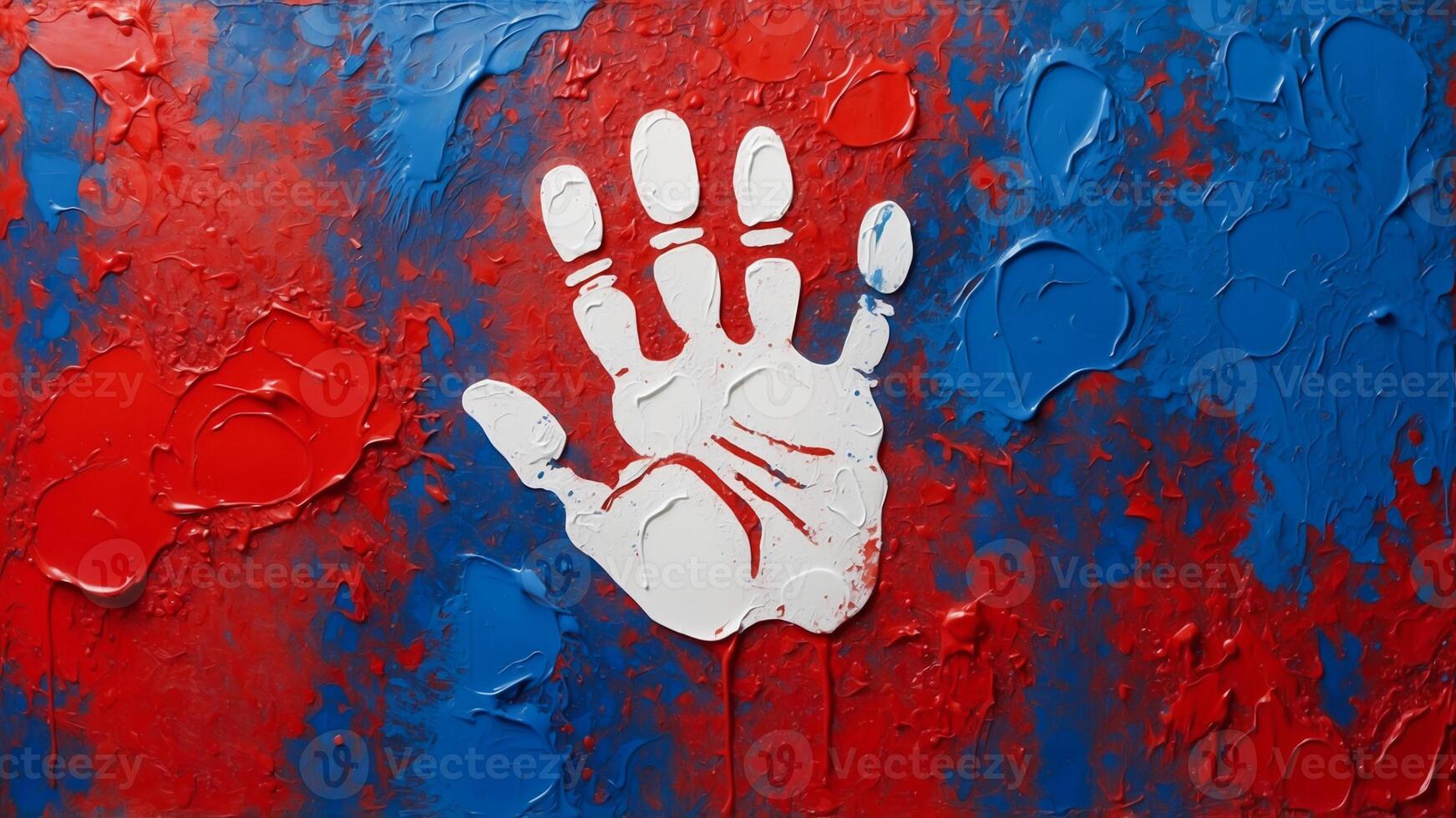 Handprint in abstract palette knife painting. Concept illustration of prohibition sign on a red and blue background. photo