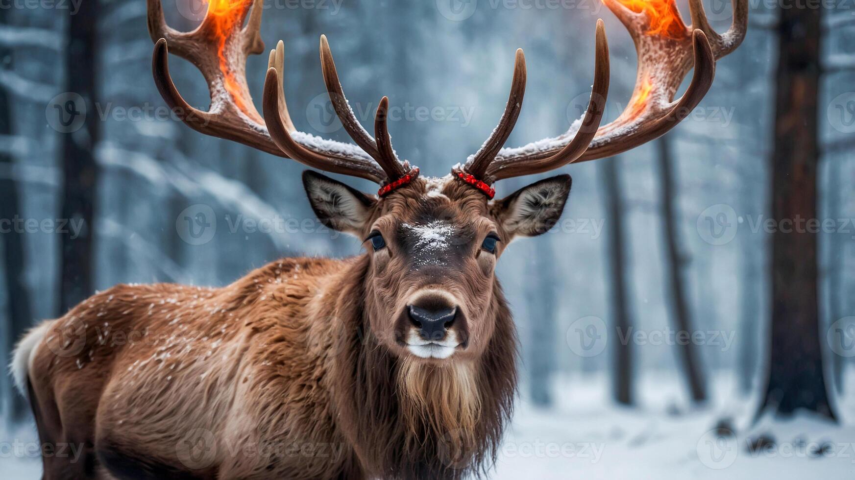 Reindeer in the middle of the tundra with flaming antlers. photo