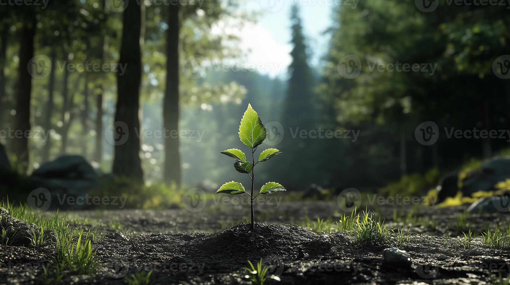 Young sapling growing amidst a clearing, representing new growth in a forest that was once deforested. Older, towering trees in the background photo