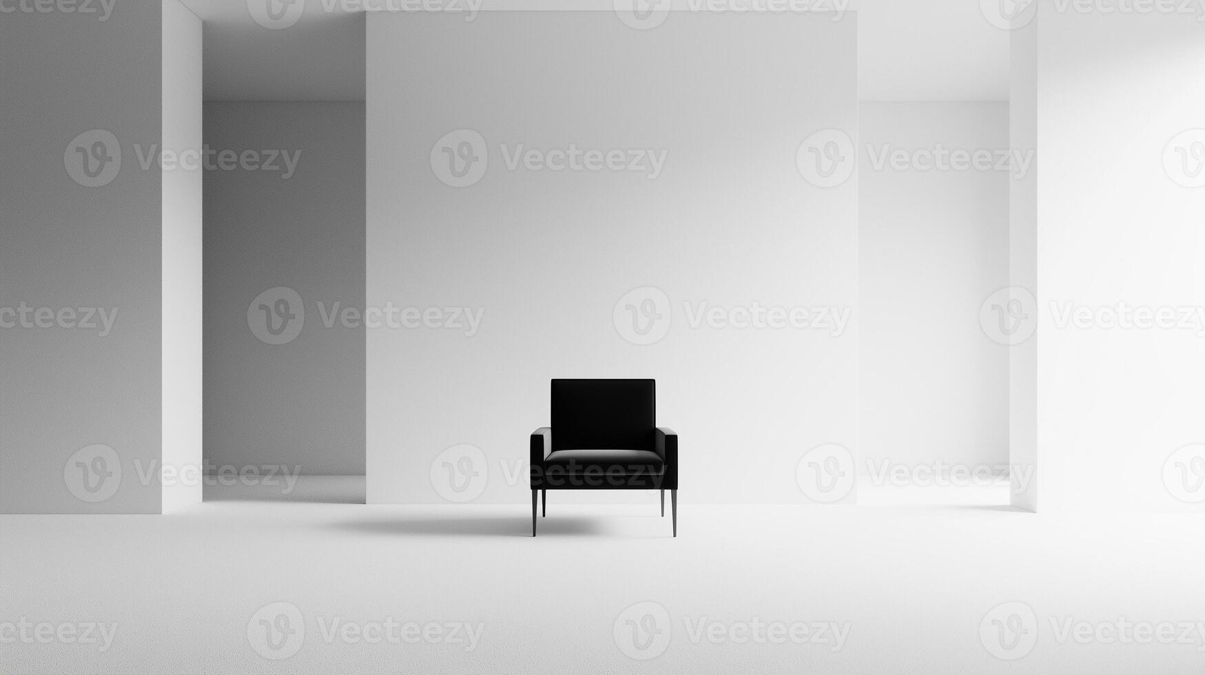 A single black chair placed in the center of an all-white room. The room is empty except for the chair photo