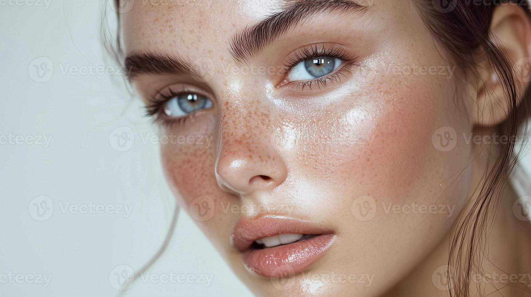 A model with natural, glowing skin and barely-there makeup, focusing on enhancing natural beauty rather than covering it up. photo