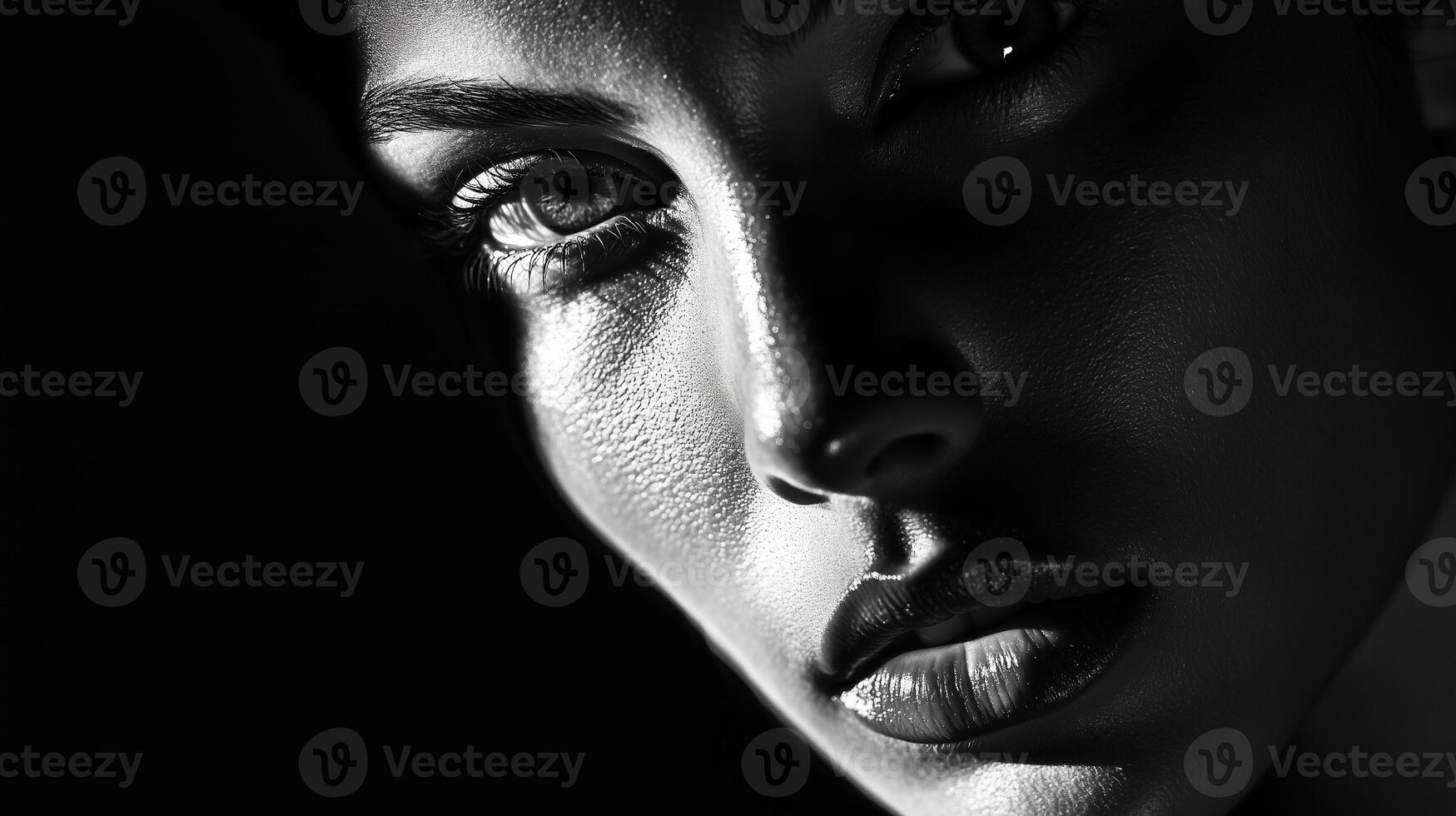 A black and white portrait of a woman with a deep, introspective expression. The lighting is dramatic, with shadows falling across the face. The background is dark photo