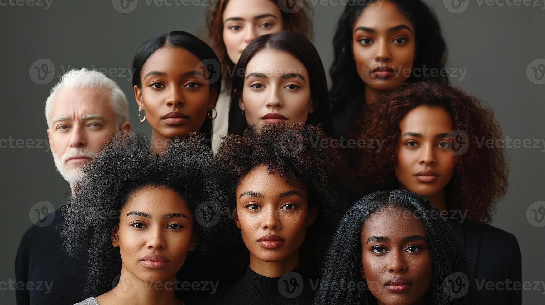 A group portrait featuring models of various skin tones, ages, genders, and body types, celebrating the diversity of beauty. photo