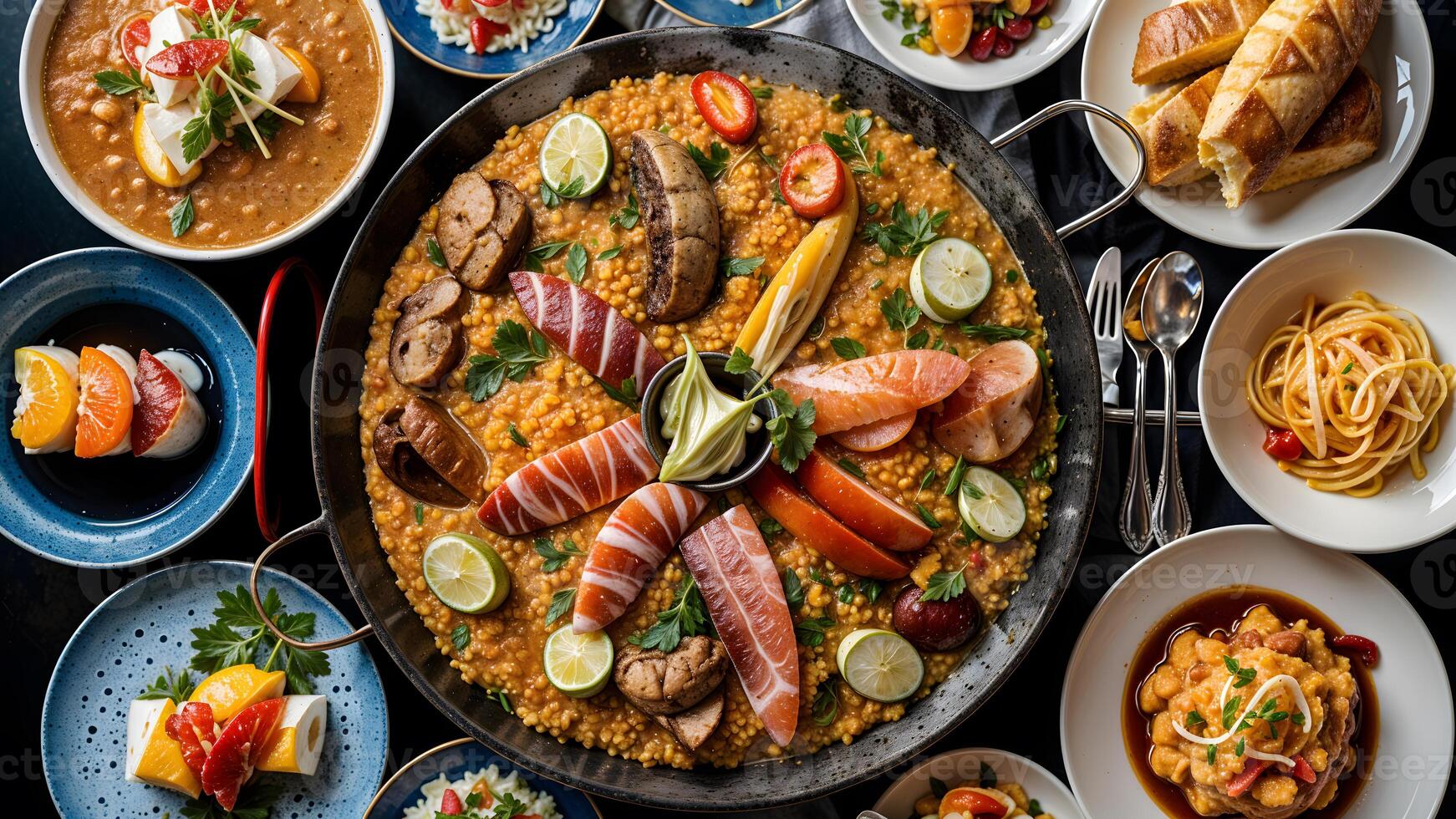 food, cuisine, dish, meal, plate, platter, gourmet, delicious, appetizing, tasty, food photography, food styling, paella, seafood, meat, vegetables, rice, saffron, chorizo, photo