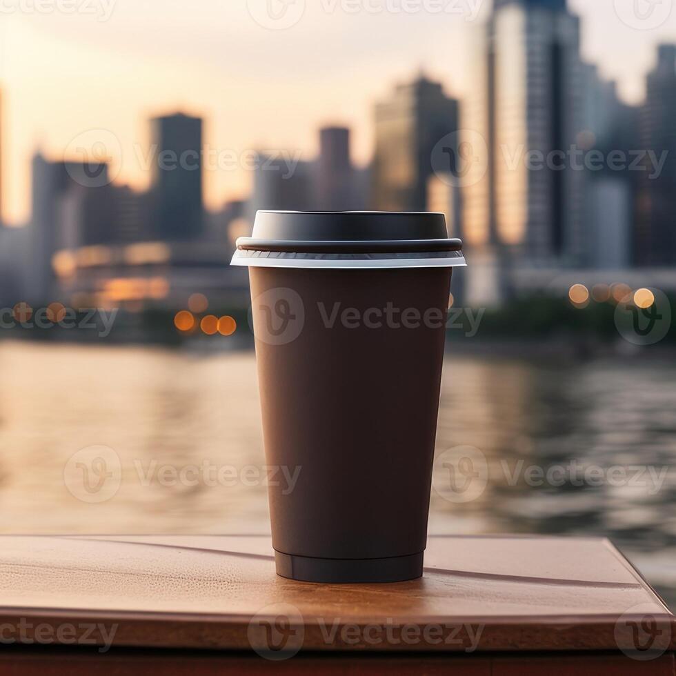 cardboard dark brown coffee cup without labels with a plastic black lid on a blurred urban background with skyscrapers in the distance photo