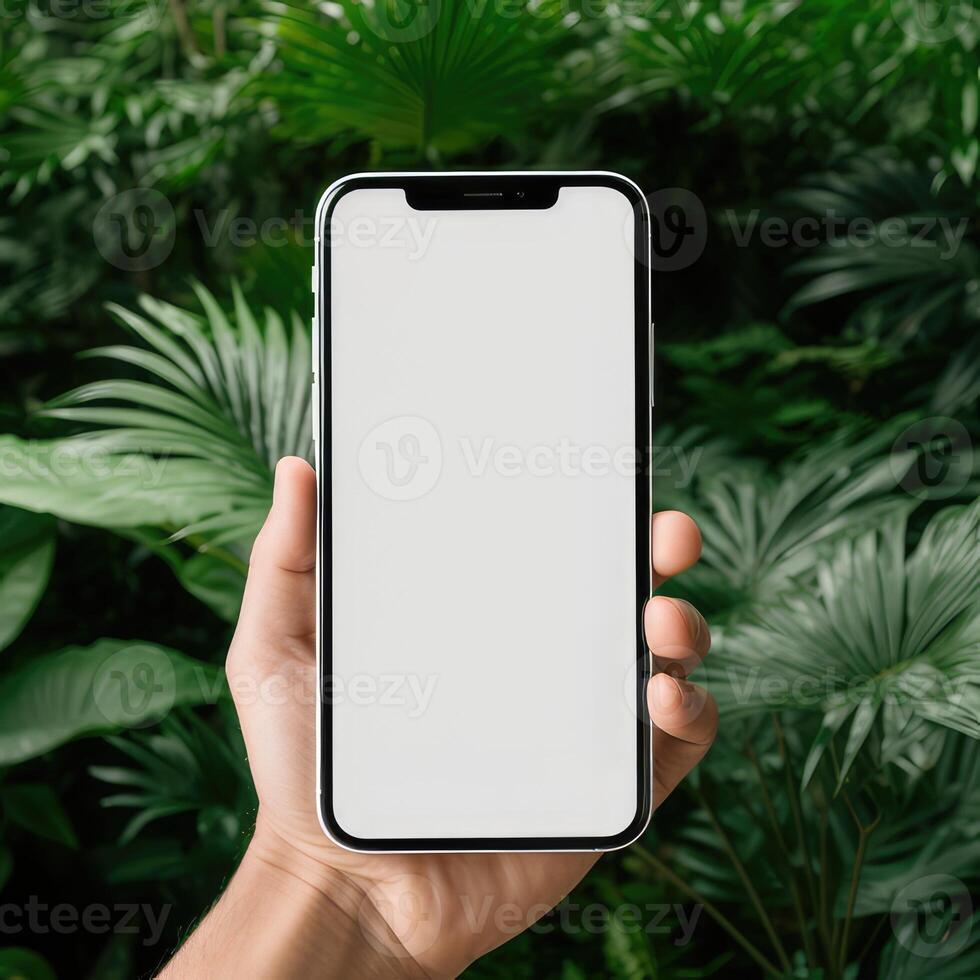 mock-up of a phone with a white screen in hand on a background of plants photo