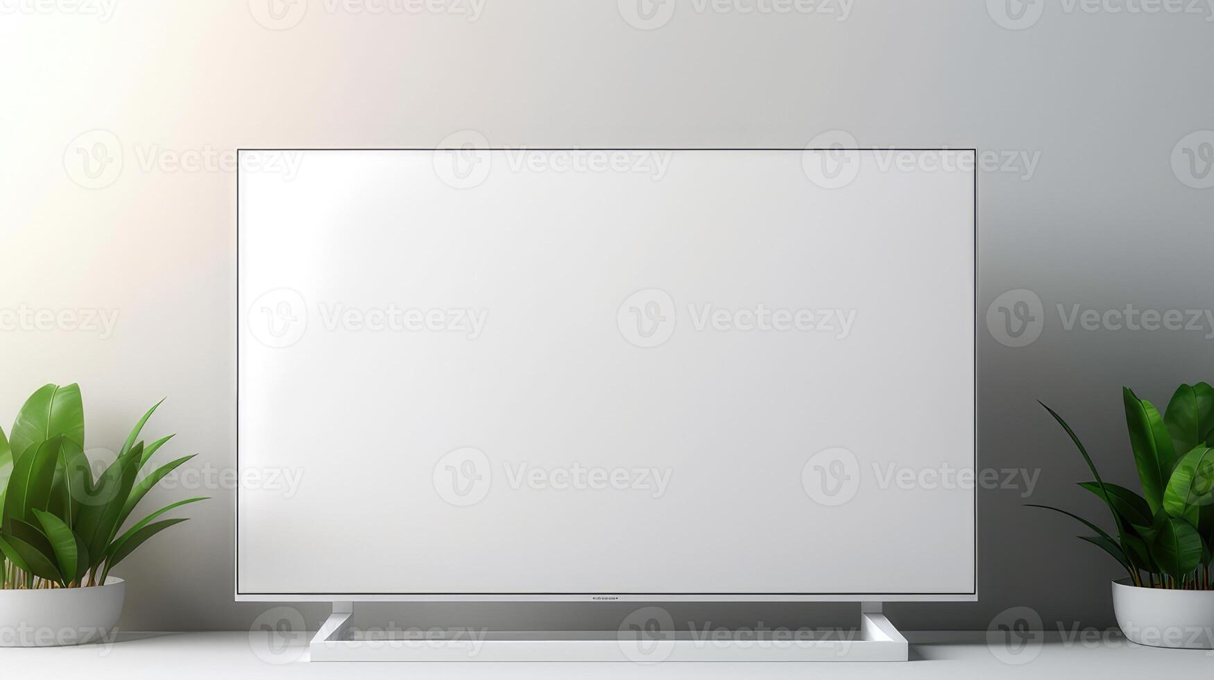 banner of a plasma LCD TV with an empty white screen on a white background with indoor plants photo