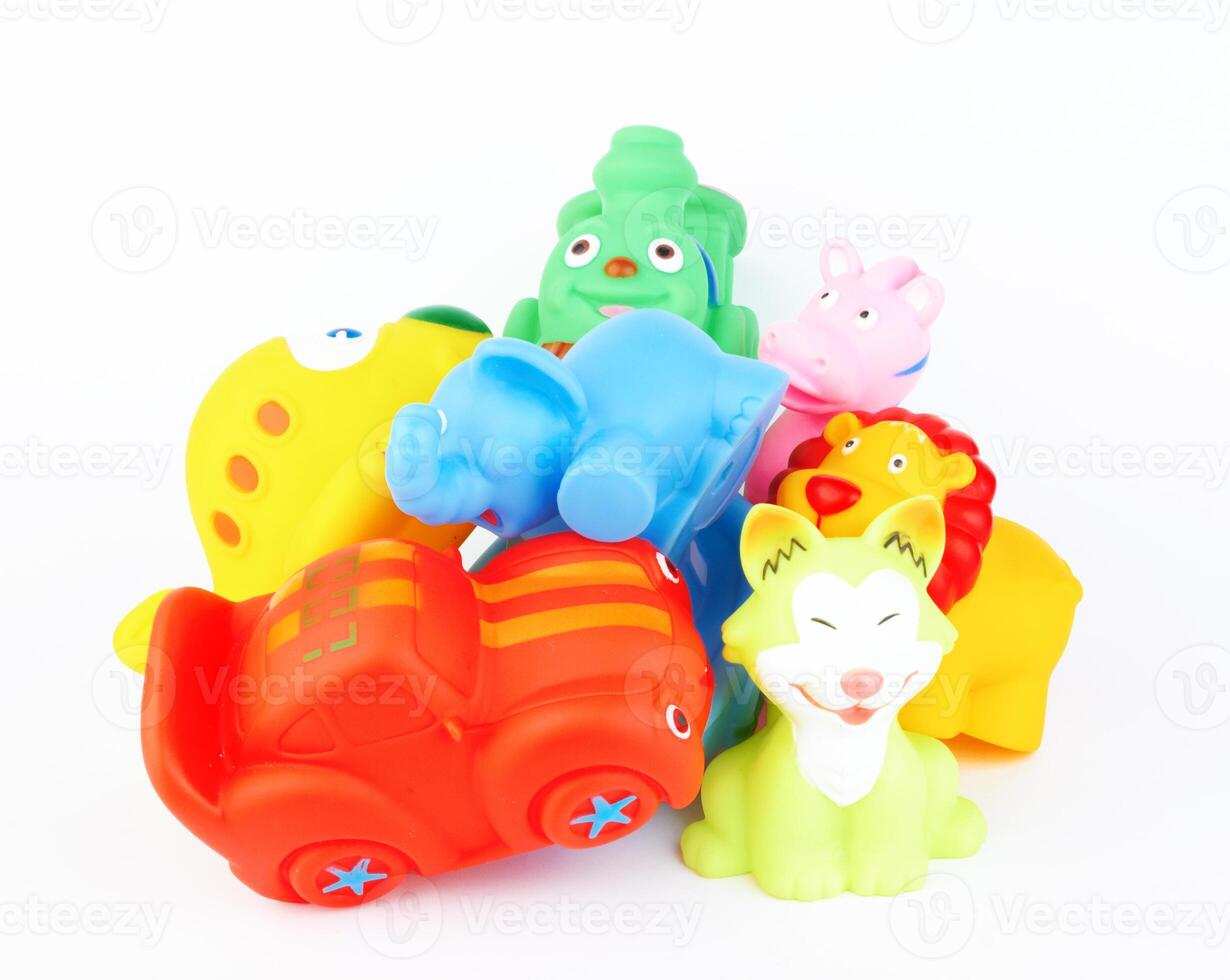 bath toys on white photo