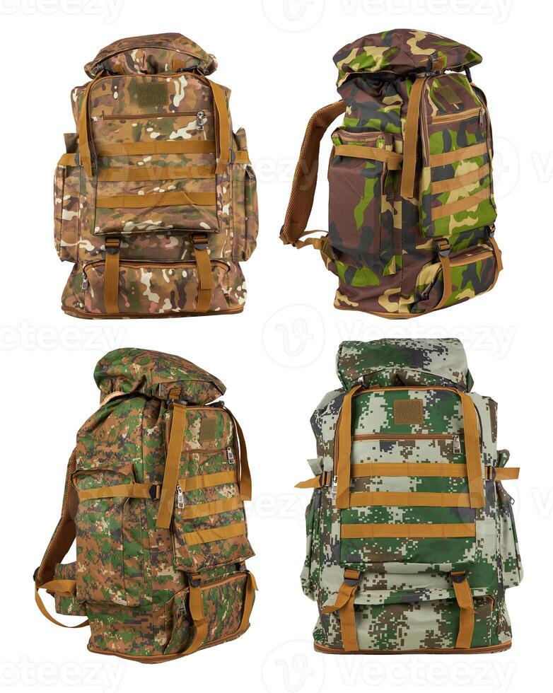 Camouflage backpack on white photo