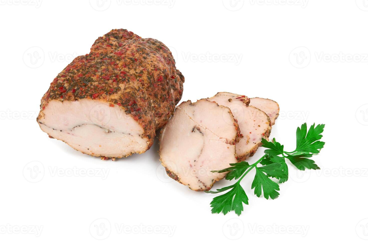 Baked meat on white photo