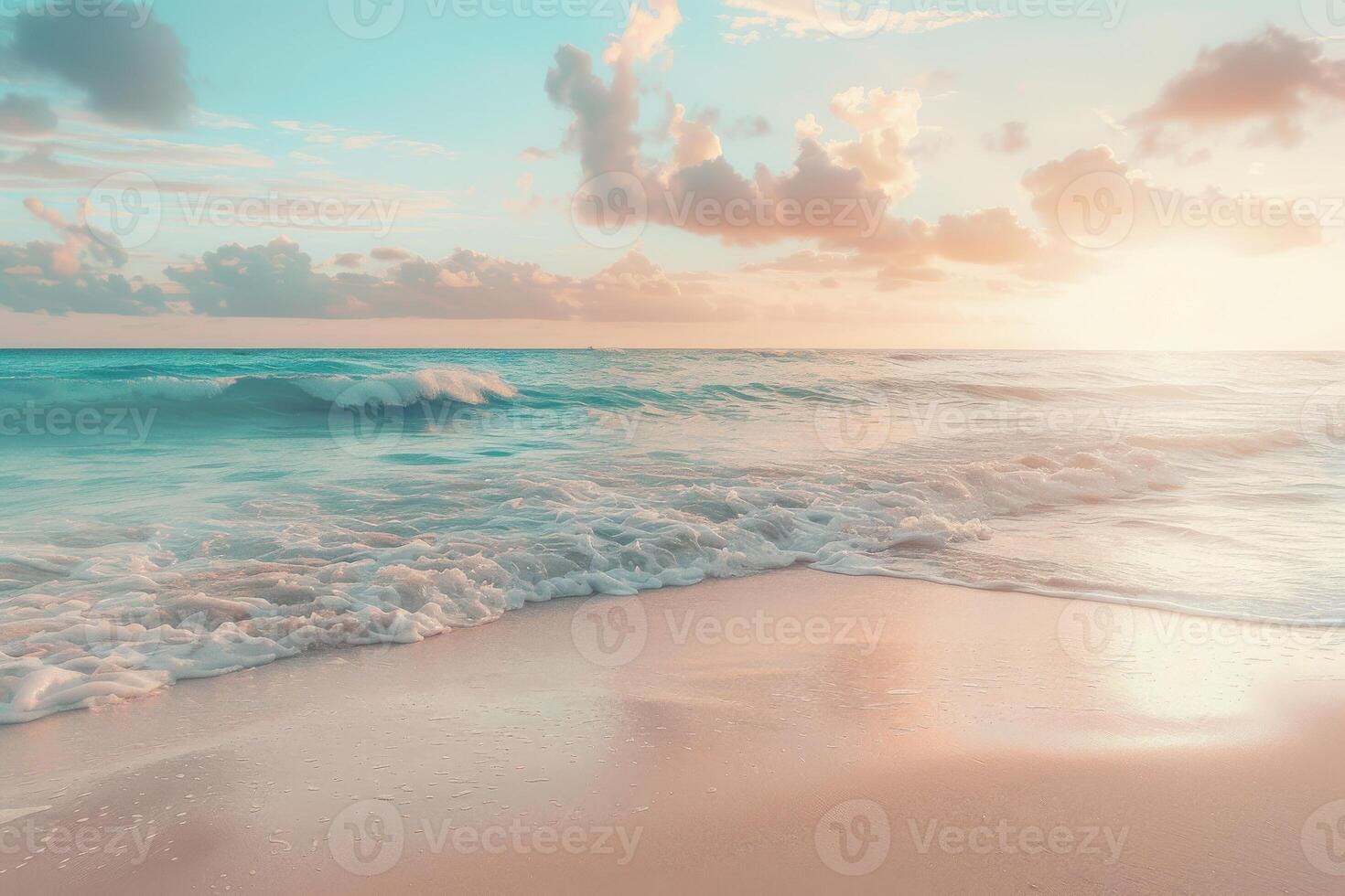 A serene beach scene with soft blue waves lapping onto the sandy shore under a sky filled with fluffy clouds photo