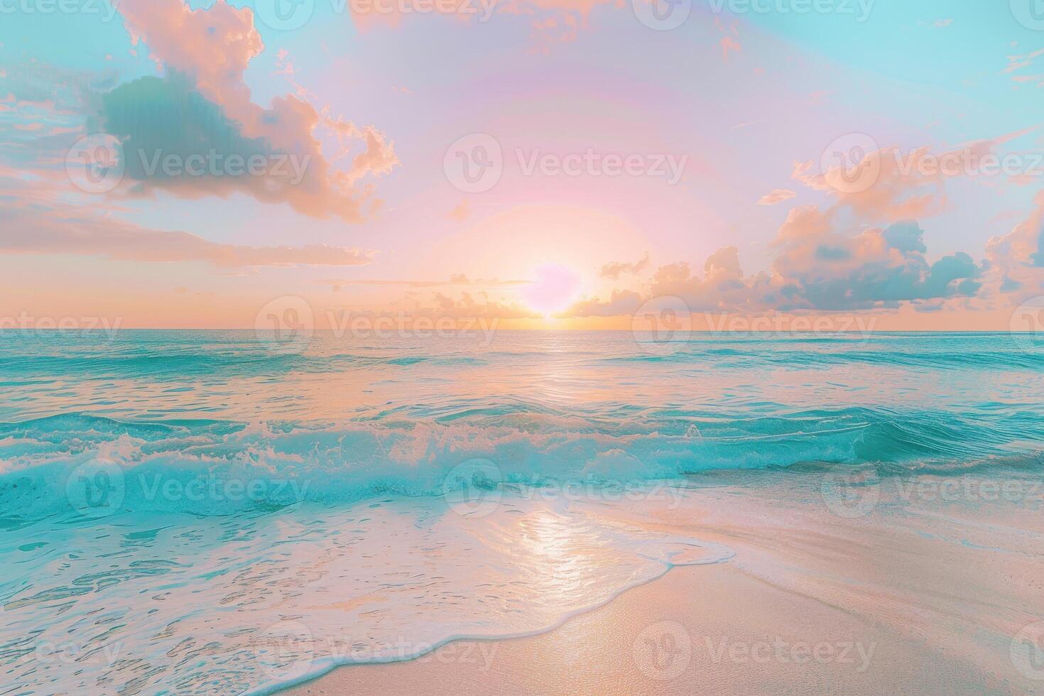 A serene seascape with soft pastel clouds and a gentle wave lapping onto the sandy shore photo