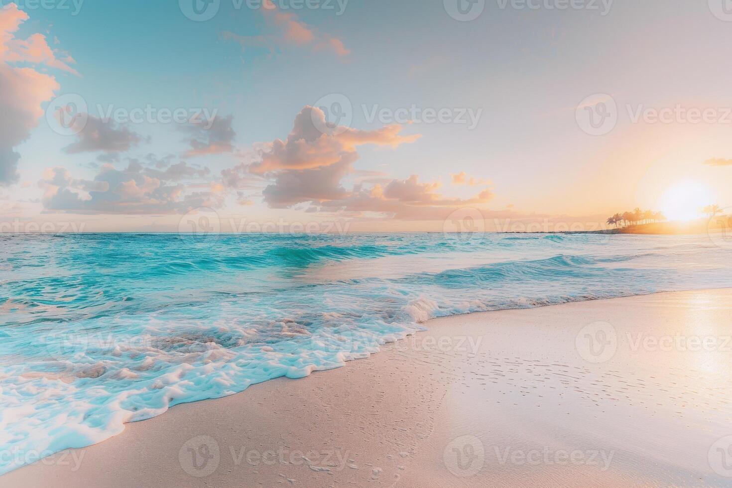 a beautiful beach scene with waves and clouds photo