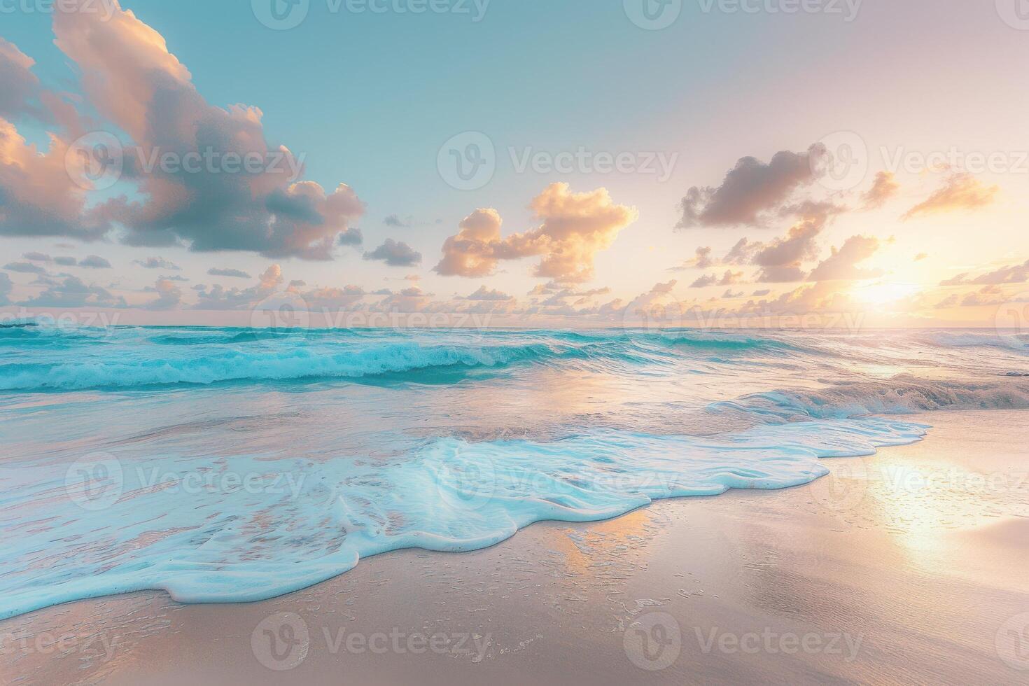 A wave of turquoise foam gently rolls onto the shore under a pastel sunset sky photo