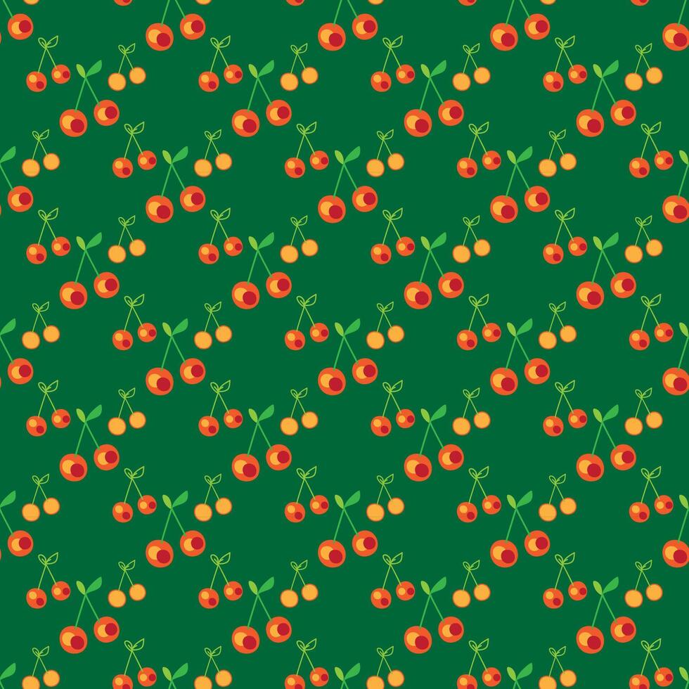 Cherry seamless pattern, red yellow on green background, botanical outline illustration. Graphic design for background, packaging, textile, banner, greeting card, wedding, invitation, magazin vector