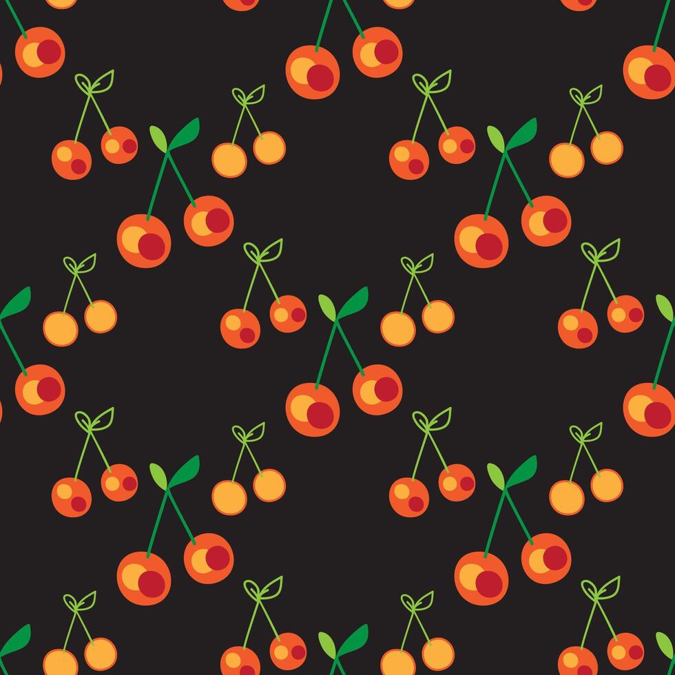 Cherry seamless pattern, red green on black background, botanical outline illustration. Graphic design for background, packaging, textile, banner, greeting card, wedding, invitation, magazin vector
