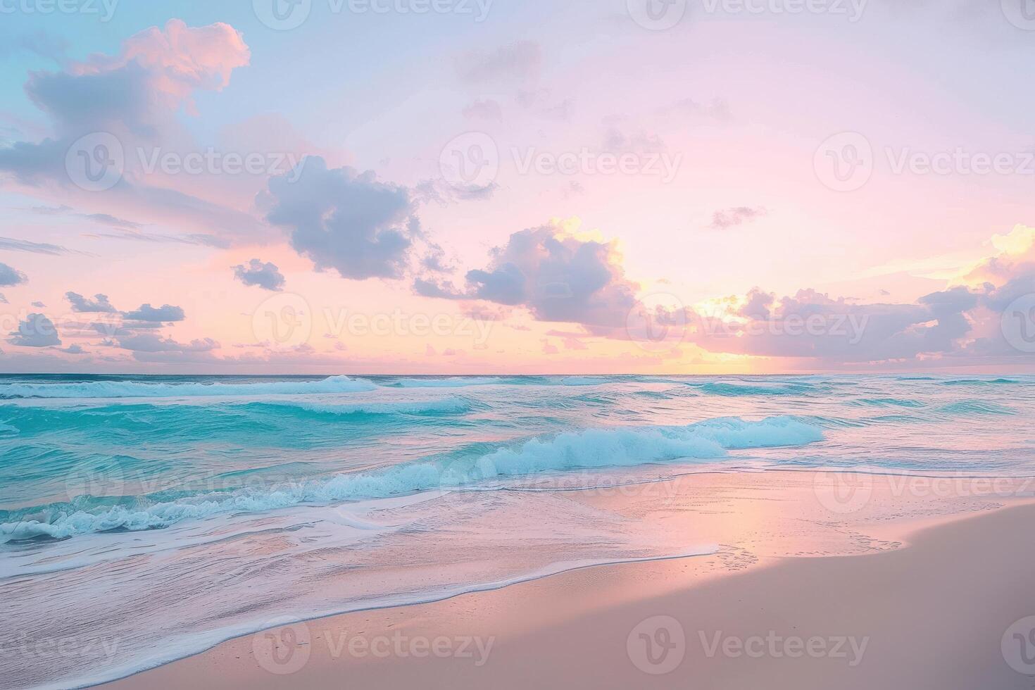 A serene seascape with turquoise waves rolling onto a pristine sandy beach under a pastel sky photo