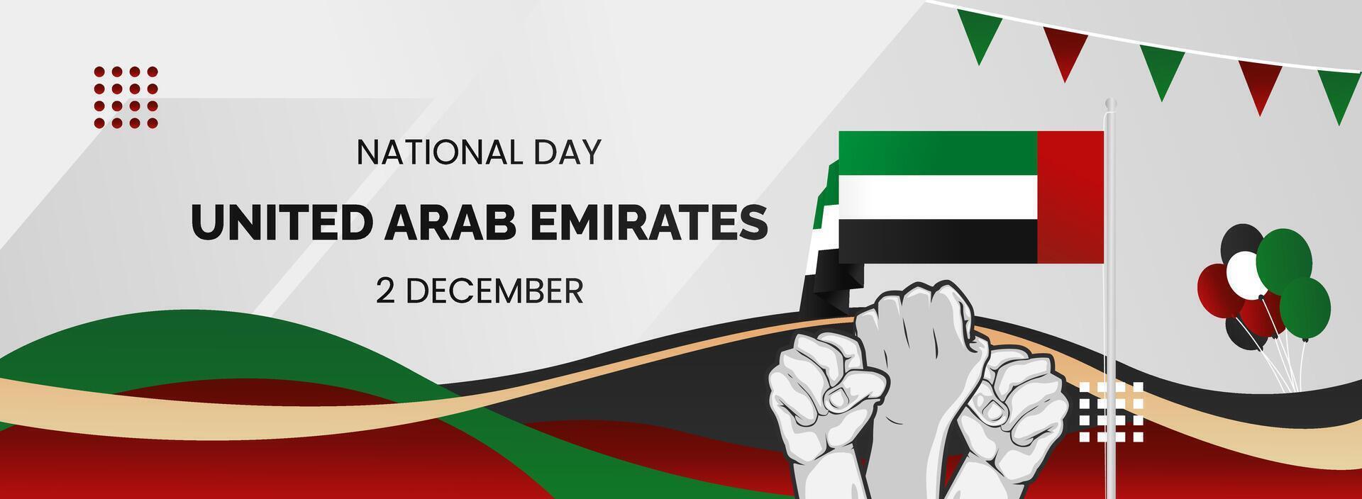 Wide banner for United Arab Emirates National Day. National or Independence Day greeting card with flag and typography. Hands raised as a symbol of spirit. Happy UAE National Day vector