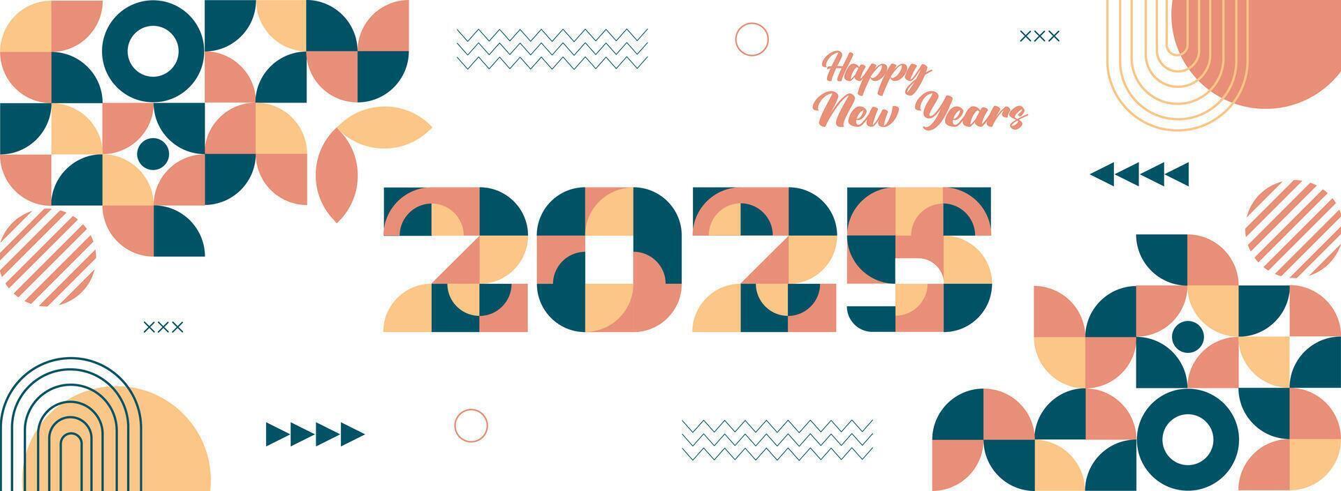 Happy New Year 2025. Illustration of New Year greeting card in creative colorful geometric style. Wide banner design to greet the coming year. vector