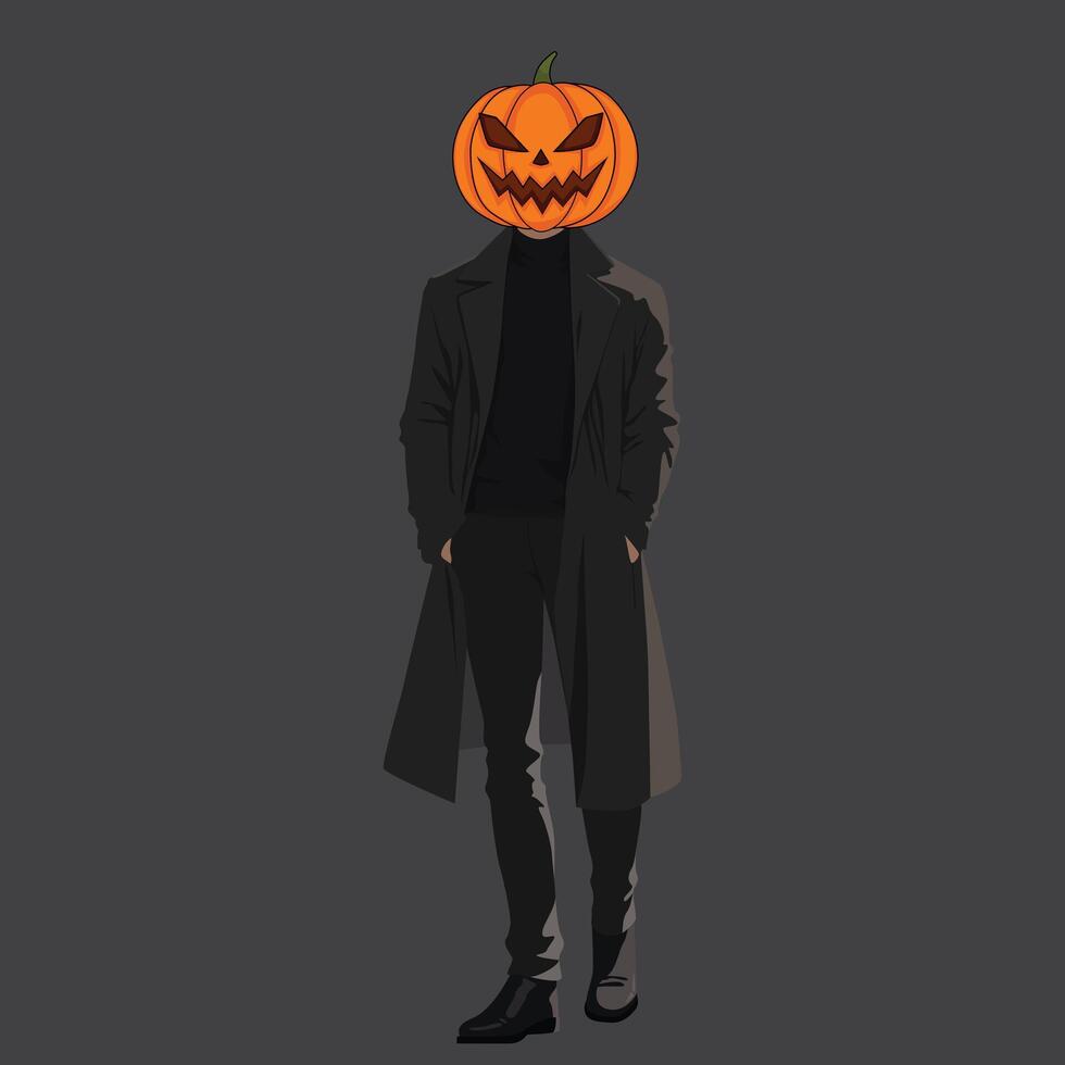 Man In Suit with Jack O Lantern pumpkin head. Scary Halloween. Halloween pumpkin man. Scary Pumpkin Head Character for Halloween. vector