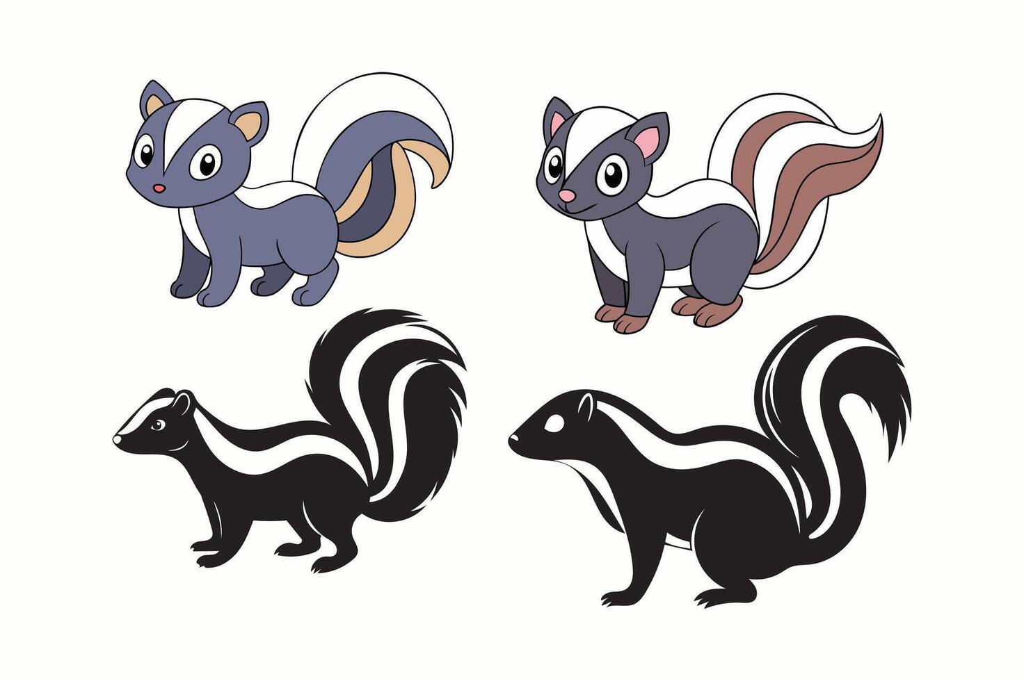 Skunk Illustration in Vibrant Colors, black white silhouette and Detailed Line Art. Cute and Adorable vector