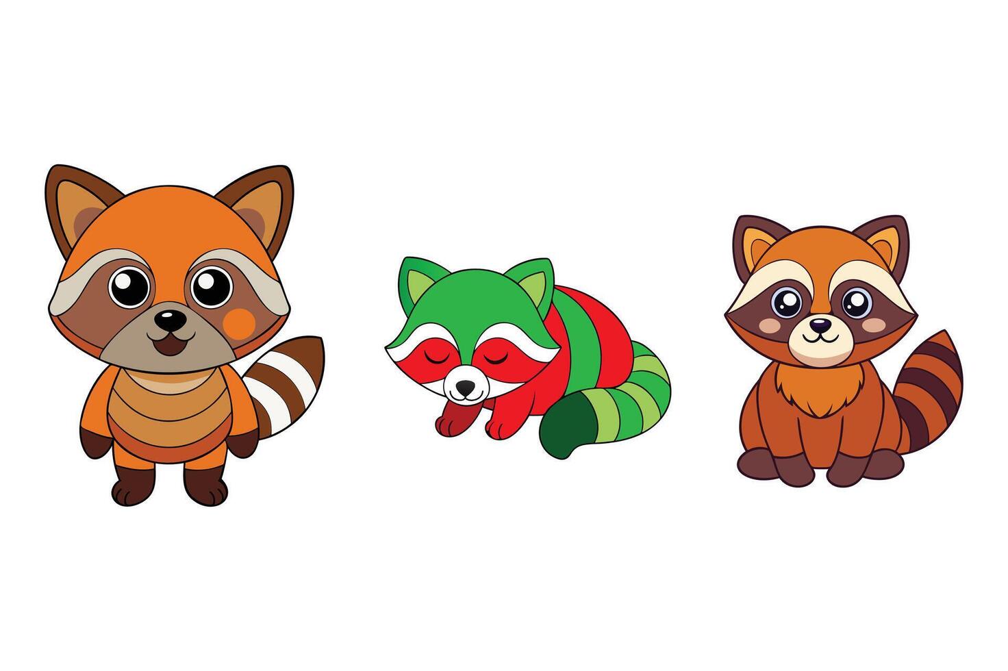 Raccon cartoon abstract Collection. Raccon Sitting, Raccon Jumping, Raccon Lying in Front View Design Style Elements Fauna Wildlife vector