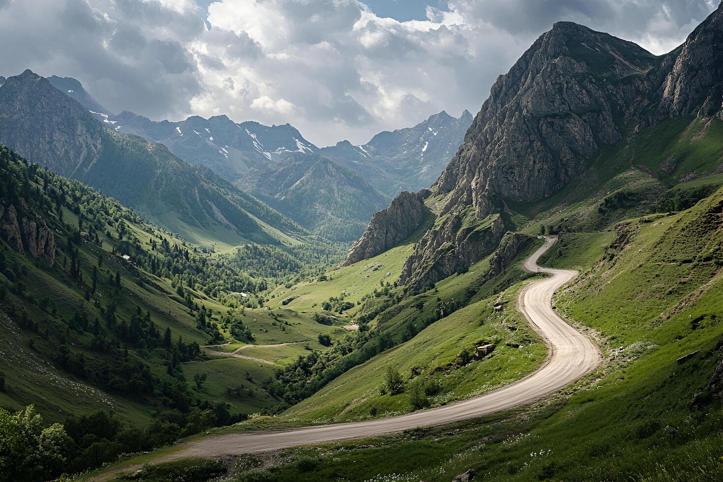 Twisting Mountain Road with Sharp Hairpin Curves and Breathtaking Valley Views, Framed by a Clean White Background photo