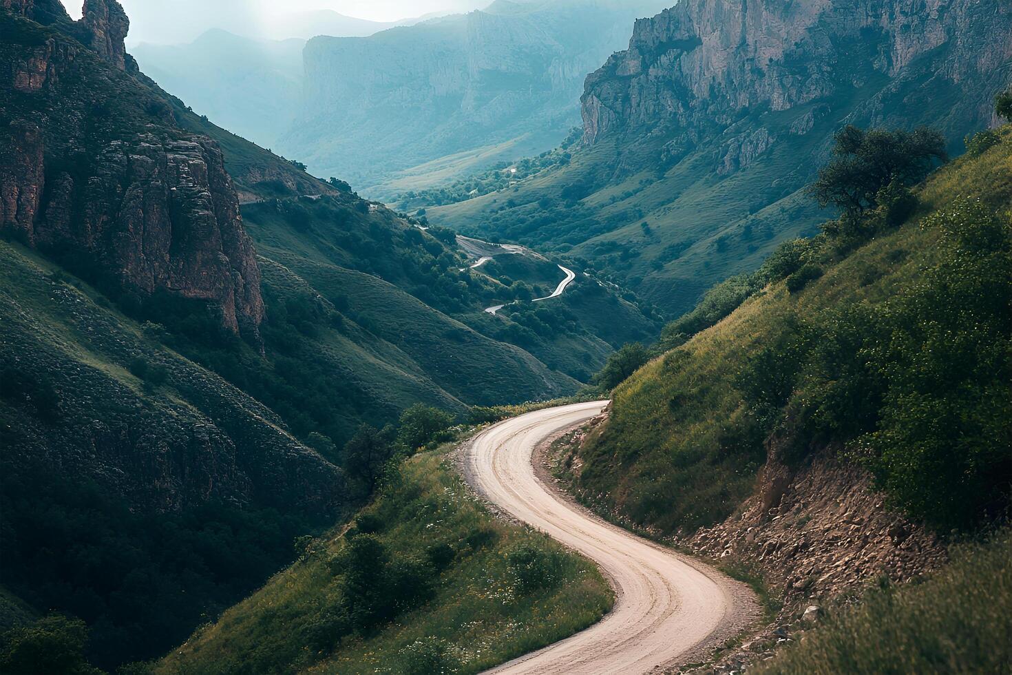 Twisting Mountain Road with Sharp Hairpin Curves and Breathtaking Valley Views, Framed by a Clean White Background photo
