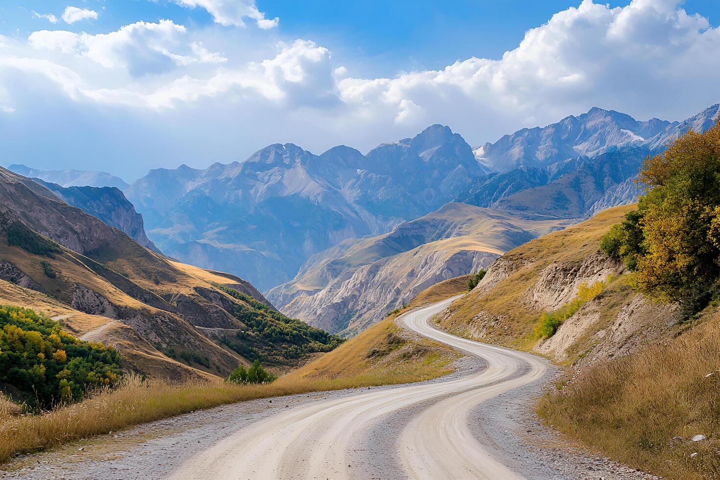 Twisting Mountain Road with Sharp Hairpin Curves and Breathtaking Valley Views, Framed by a Clean White Background photo
