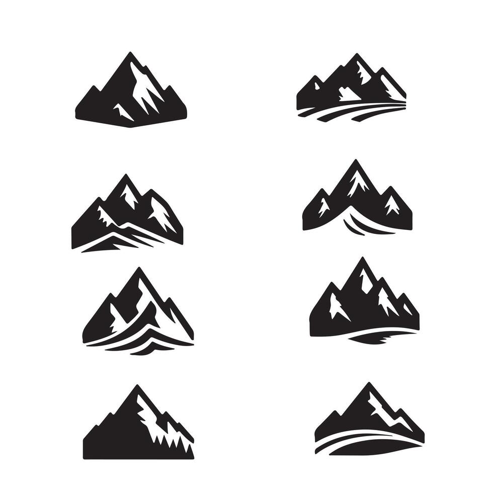 Set Mountain icons, Collection different types of Mountains Black with white background vector
