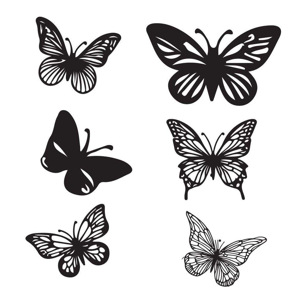 single line black Flying butterflies silhouette black set isolated on transparent vector