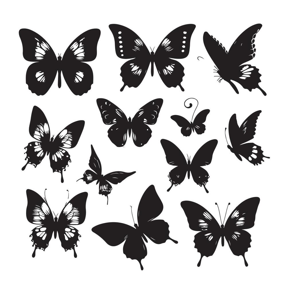 Flying butterflies silhouette black set isolated on transparent background vector