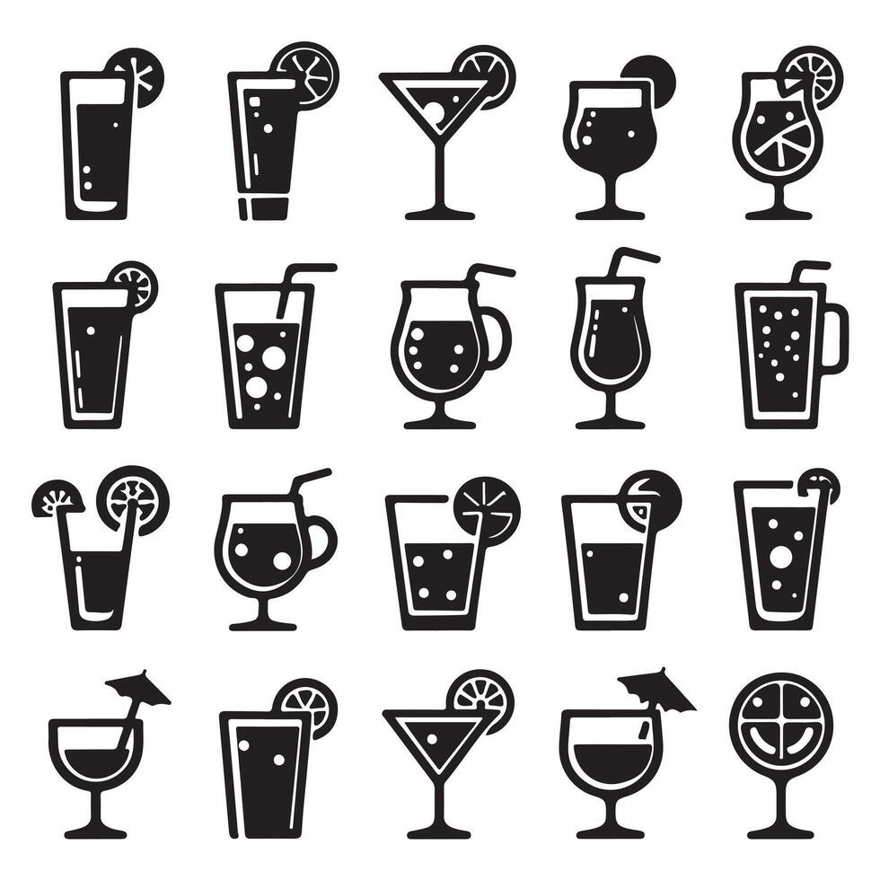 Set of icons of various black drink glasses image with white background vector