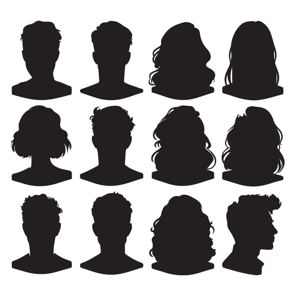 black Avatar portrait silhouettes. Woman and man faces portraits, anonymous characters avatars image with white background vector