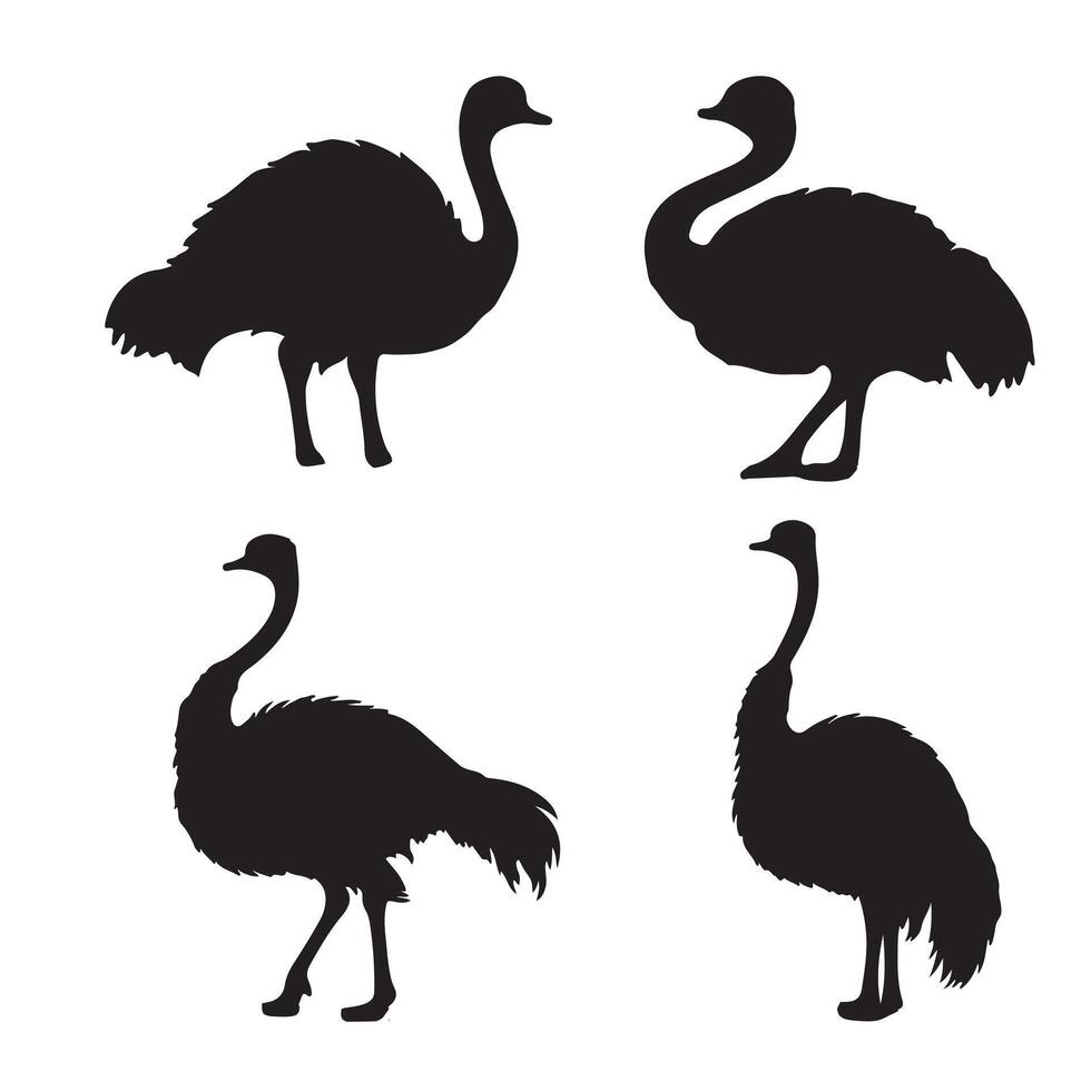 Emu black Silhouette Bundle, Ostrich emu silhouettes Set, Australian Emu Bird Collection vector
